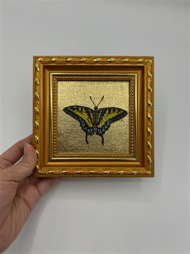 Gold Leaf Oil Painting, Hand-painted Framed Original Art, Canvas Artwork, Gift for Friends, Gold Frame Wall Decor, Butterfly - Etsy