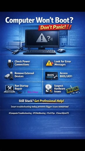 Birju_Infosys on Instagram: "🚨 Computer Won’t Boot? Don’t Panic! 🚨 If your computer fails to start, try these quick troubleshooting steps before calling for help: 🔌 Check Power Connections – Make sure the power cable, adapter, and outlet are working properly. 🖥️ Look for Error Messages – Note any beeps, lights, or on-screen messages. They’re important clues. 🔄 Remove External Devices – Unplug USB drives, printers, or external hard disks and restart. ⚙️ Access BIOS/UEFI – Ensure the hard dri