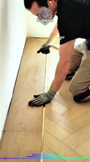 Herringbone Wood-Look Flooring Installation Process | Precise Plank Placement with Adhesive #shorts