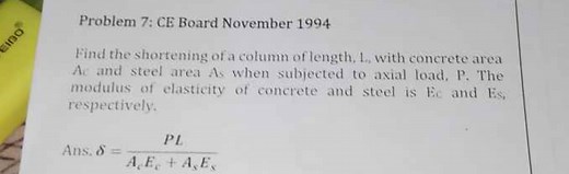 Find the shortening (\Delta) of a column of length L with concr... | Filo