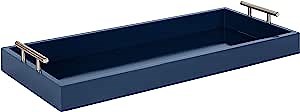 Kate and Laurel Lipton Narrow Decorative Tray; 10 x 24; Navy Blue and Silver; Chic Accent Tray for Display and Storage