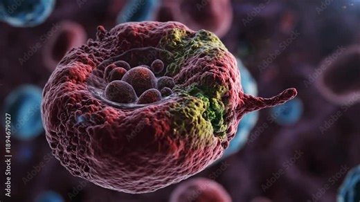 Microscopic view of malaria-infected red blood cell, showing parasite growth and destruction in human body