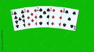 A poker straight with cards thrown one by one on green screen 3D animation,. Animated poker cards, dealing poker cards animation. winning poker hand straight combination 4 Stock Video