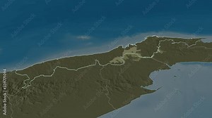 Colón, province with its capital, zoomed and extruded on the administrative map of Panama in the conformal Stereographic projection. Animation 3D