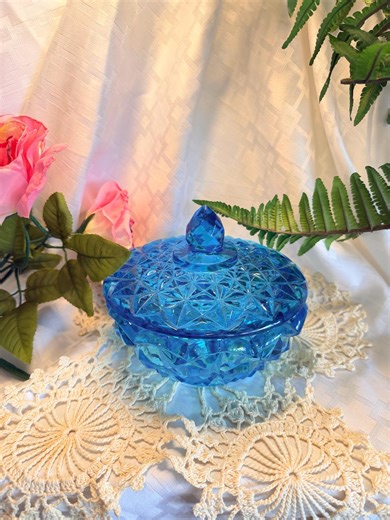 Vintage Blue Pressed Glass Candy Dish With Lid — Diamond Pattern — 7” X 5” - Etsy