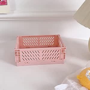 Mini Collapsible Storage Basket Stackable Storage Bin Crates Container Folding Plastic Storage Box with Handle Foldable Plastic Storage Case for Stationery Snacks Cosmetics(Pink 2.3in* 7.3*5.3in )