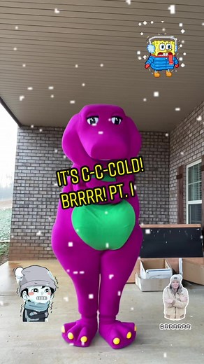 #barneythedinosaur is saying #brrr on this very #cold day. Here’s Part 1; be sure to #like for Part 2. #barney #barneyandfriends #mascot #costume #cosplay #fyp #duet #itscccoldbrr #winter #freeze #fur