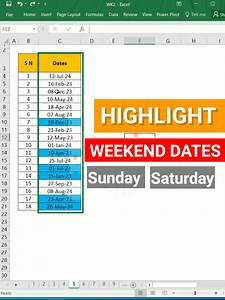 Highlight weekend dates in excel #weekend #expireddates #highlightdates #datesinexcel #highlightrecords #Conditionalformatting #dataentry #excelshortcuts #exceltips #exceltricks #bestexceltips #amazingexceltricks #tips&tricks #tipsandtricks #exceltips&tricks #excel2019 #excel2013 #msoffice #exceltraining #msofficetraining #exceltipsandtricks #excelreels #excelquery #interviewquestions #excelinterviewquestions #excelproblem #excelshortcuts #excelshortkeys #karandadya1#commonmistakesinexcel #excel