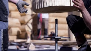 Close-up workers work with logs at construction site. Clip. Builders set log on compensator shrinkage of timber on background of construction work Stock Video