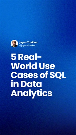 Jayen Thakker | Data Analytics Mentor on Instagram: "SQL isn’t just a tech skill, it’s the engine behind every major business decision today. Whether it’s understanding customers, improving sales, or catching fraud, SQL is doing the heavy lifting behind the scenes. Here are the 5 real-world use cases every analyst actually works on👇 1️⃣ Customer segmentation & behavior insights 2️⃣ Sales and revenue performance reporting 3️⃣ Marketing analytics & measuring campaign ROI 4️⃣ Operations and invent