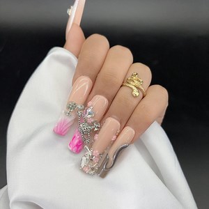 Long Square Press on Nails: Pink Theme With Luxury Gems - Etsy