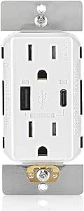 Leviton 60W (20V@2.5A+ 5V@2A) USB Dual Type A/Type-C Power Delivery in-Wall Charger with 15A Tamper-Resistant Outlet, USB Charger for Smartphones, Tablets, Laptops, T5634-W, White