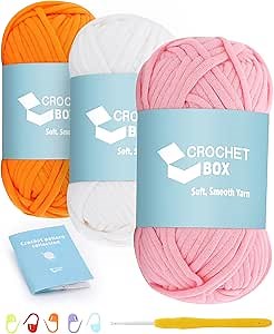 CROCHET BOX: Cotton Nylon Blend Yarn for Beginners - #4 Medium Weight, Pink, Orange, Natural White - Easy Stitches, Includes Hook, Pattern, Markers