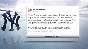 Tonight's game has been postponed, and will be made up in a doubleheader tomorrow. | YES Network