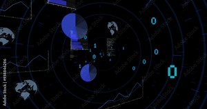 Digital data and binary code animation over rotating radar screen with world map