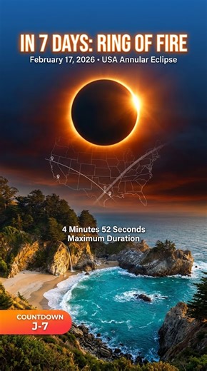 IN 7 DAYS, FEBRUARY 17, 2026, A RING OF FIRE ECLIPSE WILL CARVE A PATH ACROSS THE SOUTHERN UNITED STATES — from the California coast through Arizona, New Mexico, Texas, and into the Gulf of Mexico, casting a stunning annular shadow visible to over 30 million people. This is not a total eclipse; the Moon will be too far from Earth to completely cover the Sun, leaving a brilliant ring of sunlight blazing around the dark lunar disc for up to 4 minutes and 52 seconds at maximum duration. The eclipse
