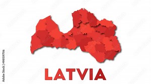 Latvia map showing regions. Animated country map with title. 4k resolution animation.