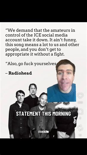 Radiohead put out a joint statement this morning when their song “Let Down” was used illegally for an agenda they don’t agree with #radiohead #jonnygreenwood #thomyorke