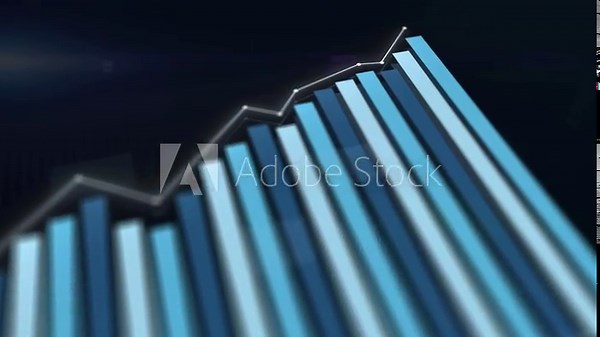 3D animation of growing histogram. Hi tech charts with grid. Digital display with stock market charts. Camera movement with depth of field. 4K high quality animation