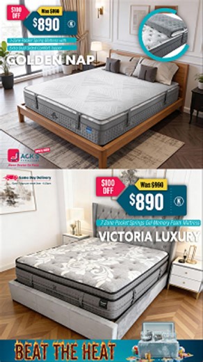 Jacks Furniture - New & Used on Instagram: "🛏️✨ 𝐆𝐨𝐥𝐝𝐞𝐧𝐍𝐚𝐩 𝐏𝐫𝐞𝐦𝐢𝐮𝐦 𝐌𝐚𝐭𝐭𝐫𝐞𝐬𝐬 & 𝐕𝐢𝐜𝐭𝐨𝐫𝐢𝐚 𝐋𝐮𝐱𝐮𝐫𝐲 𝐌𝐚𝐭𝐭𝐫𝐞𝐬𝐬 ✨🛏️ ☀️ 𝐒𝐮𝐦𝐦𝐞𝐫 𝐒𝐚𝐥𝐞 | 𝐊𝐢𝐧𝐠 𝐒𝐢𝐳𝐞 $100 𝐎𝐅𝐅! 𝐍𝐎𝐖 $890☀️ Upgrade your sleep this summer with these two premium King size mattresses. The GoldenNap Premium Mattress features an extra-soft topper, layered memory foam, and pocket spring support for plush, balanced comfort 😴💤 The Victoria Luxury Mattress combines zoned pocket sprin