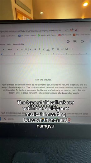 Yall are lowk crazy ok || as of now im writing the musical in a google doc, there’s the script version and a novel version with a lot of detail. It takes a while for me to make the finish copy of each scenes so I apologize if it seems like a slow process im very busy as I have school and do two sports which takes up a LOT of time. I have a discord server if anyone is interested, we’d love to have you!! || #fyp #foru #viral #squidgame #musical Netflix stranger things byler jonancy stonathan THANG