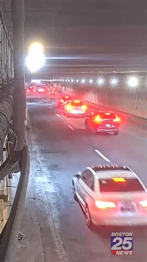 Source Boston on Instagram: "Traffic came to a standstill in the Prudential Tunnel on Friday afternoon after a large chunk of concrete fell from the ceiling. Drivers slammed on their brakes as some cars rolled over the debris, adding to the chaos on the busy roadway. 🎥 MassDOT"