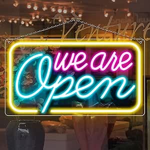 Neon We Are Open Signs for Business, 23.5''x 12.5'' Open Sign LED, Super Bright & Easy to Spot Open Neon Sign(Pink&Blue&Yellow), with ON/OFF Switch & Adapter, Ideal for Window, Party, Wall, Bars, Coffee