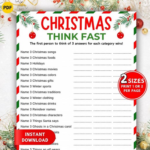 Christmas Think Fast Game! Printable Christmas Games, Think Quick Trivia, Christmas Party Game, Icebreaker Game Holiday Activity Kids Adults - Etsy