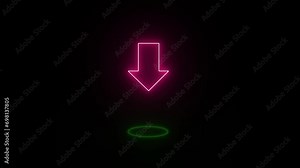 Neon arrow glowing. Directional sign arrow points to the down. Vector sign logo with glowing colors.