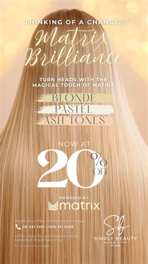 Thinking of refreshing your hair color? Experience the shine, depth, and vibrancy of Matrix Brilliance with 20% OFF on all full Matrix hair color services. From cool ash tones to soft pastels, every shade is designed to look luminous and long-lasting. This offer is available for a limited time only, book your color upgrade today. 📞 06 531 3191 | 056 511 8156 📍 Available in all branches except Sobha & Midtown branches 📍 20 locations across Dubai, Sharjah & Ajman 💖 Tabby | Tamara available 🔗 
