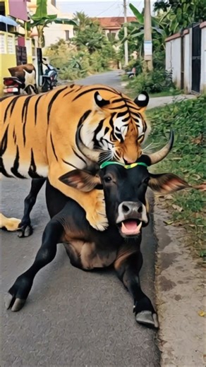 Cow Defends Itself When Tiger Approaches #trending#shorts#wildlife#animals#tiger#cow#Animated