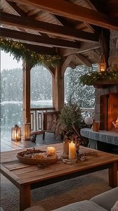 Cozy Winter Porch ❄️ Fireplace Crackling & Snowfall #winterambience #cozyfireplace #snowfall