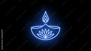 Neon Diya fire icon animation, flickering emergence and fading. Glowing neon Diya lamp, looped animation. Happy Diwali, Deepavali oil candle, Diya oil lamp with lotus flower. Violet, blue, azure color