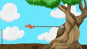 Cartoon Arrow Flying and Hitting a Tree Bark