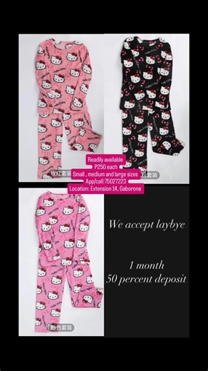 Readily available hello Kitty pyjamas 😍 P250 each... available in sizes show ‼️ #smallbusiness #botique #closet #onlineclothingboutique #tiktokbotswana #fyp #fyppppppppppppppppppppppp #newarrivals #newstock #fashiontiktok #tiktokfashion #tiktokbotswana🇧🇼tiktoksouthafrica🇿🇦 #hellokitty #pyjamas #hellokittypyjamas