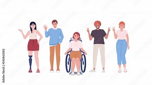 Animated inclusivity characters. Positive characters group. Full body flat people on white background with alpha channel transparency. Colorful cartoon style HD video footage for animation