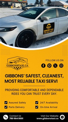Gibbons’ safest, cleanest, and most reliable taxi service—right when you need it 🚕 At Gibbons Taxi, we’re committed to providing comfortable, dependable, and on-time rides you can trust every day. Whether it’s your daily commute, an appointment, or a last-minute plan, our professional drivers and well-maintained vehicles ensure a smooth, stress-free journey. Available 24/7 with assured safety and reliable service—because your ride matters. 📞 Call Now: 780-964-0001 🌐 Visit Website: www.gibbons
