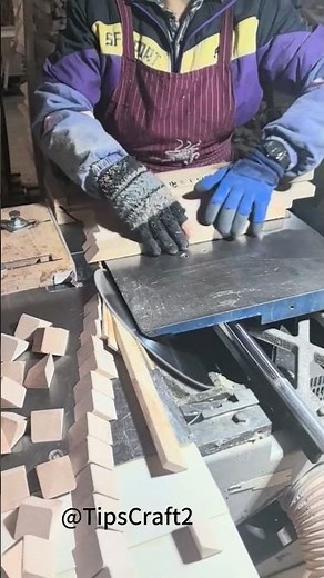 Triangular wooden block cutting: precise angles and minimal material waste.