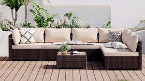 PATIO WATCHER 5-Piece Wicker Lounge Chair Outdoor Rattan Patio Conversation Set with Ottoman and Blue Soft Cushions HDPG23026