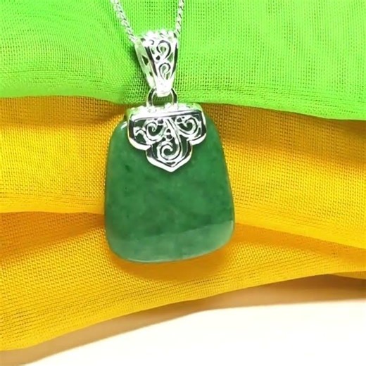 Real jade necklace green sterling silver large cushion shaped, being mesmerising design pendant