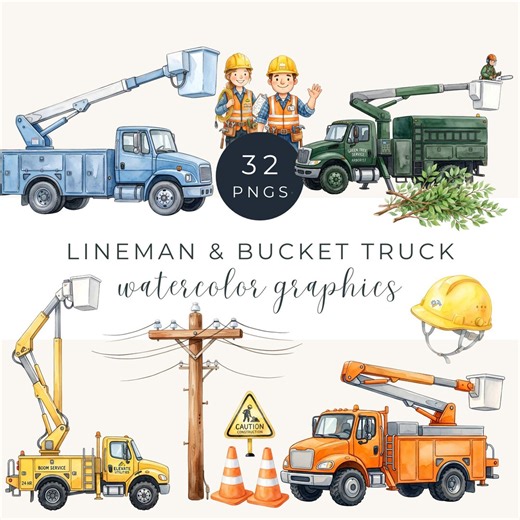 Bucket Truck Lineman Clipart, Utility Worker Watercolor Graphics, Construction Trucks, Arborist Truck - Etsy
