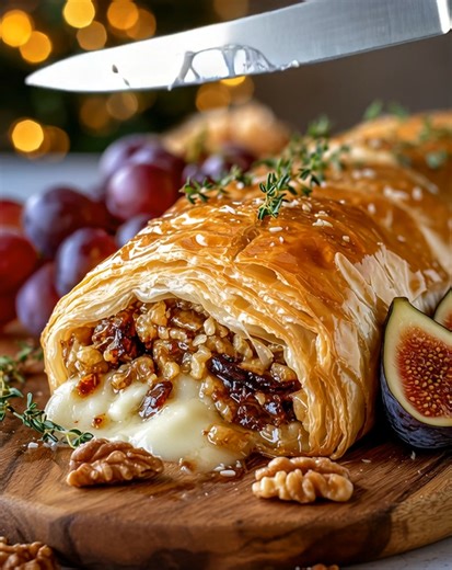 🧀✨ Buttery, gooey, golden — this pastry roll is everything your holiday table dreams of Flaky layers meet sweet figs, toasted nuts, and molten brie in one irresistible slice 𝐅𝐔𝐋𝐋 𝐑𝐄𝐂𝐈𝐏𝐄 the Coʍmеոτ 👇🌸 𝑬𝒏𝒋𝒐𝒚 🌸 Ingredients 🥐 Roll Components 1 sheet puff pastry, thawed 200 g brie, rind on or off ¼ cup dried figs, finely chopped ¼ cup walnuts, toasted and chopped 2 tbsp honey 1 tsp fresh thyme leaves 1 egg (for egg wash) 🍯 Glaze 1 tbsp honey, warmed Extra thyme for garnish The a