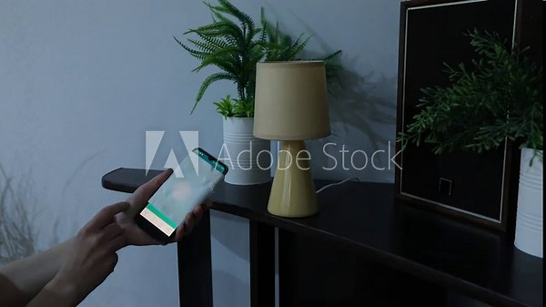 Woman turns on smart light bulb with smartphone app while interacting with smart home device on a shelf
