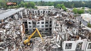 Months after a massive fire gutted part of the Reserve at LaVista Walk Apartments in Atlanta, demolition has gotten underway. SkyFOX Drone flew over the project. (Credit: FOX 5 Photographer Michael Moore) | FOX 5 Atlanta