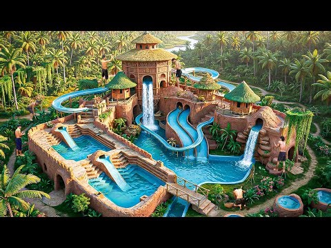 Building a Luxury Jungle Oasis with Multi-Level Water Slides & Underground Pool Using Primitive Tool
