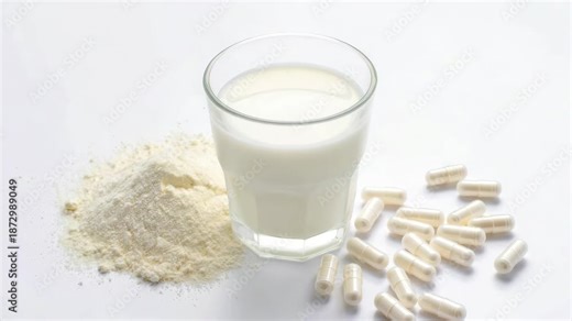 Different forms of colostrum supplement including powder, capsules, liquid milk on white background, highlighting versatile nutrient-rich options for immunity, gut health, daily wellness support