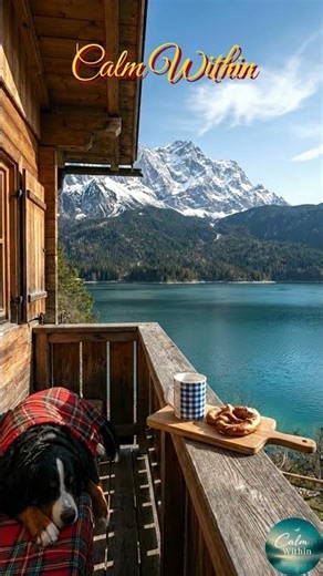 Cozy Alpine Morning: Dog, Pretzel & Mountain Views 🏔️🐶