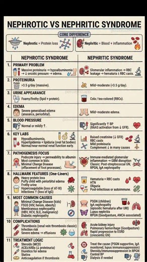Keerthana on Instagram: "🩺 Nephrotic vs Nephritic Syndrome – Don’t Get Confused! •Protein loss 🆚 Blood & inflammation •Swipe & save this quick comparison to remember the key differences 💡 •Perfect for exams & clinical practice! #NephroticSyndrome #NephriticSyndrome #KidneyDiseases #nursingnotes"