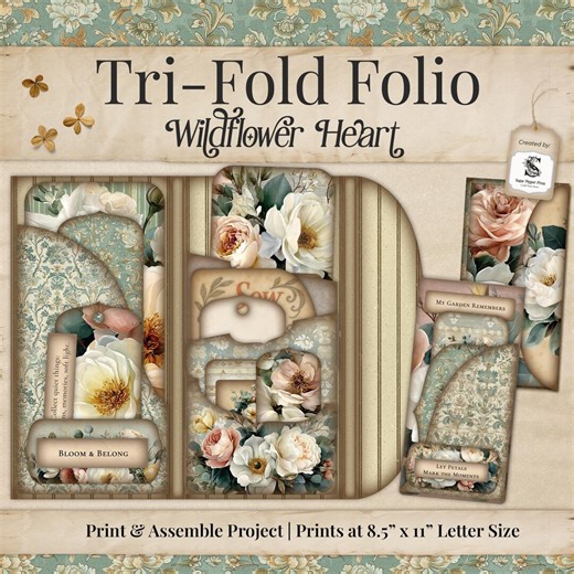 Printable Floral Printable Vintage Folio, Wildflower Junk Journal Kit, Neutral PDF JPG Craft, Victorian Shabby Chic Scrapbook Card SP003 - Etsy