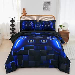 PERFEMET 6 Pieces Kids Game Comforter Set Full Size Blue Gamer Bedding Set for Boys Teen 3D Cool Black Video Gaming Bed in A Bag with Sheets(Blue, Full)